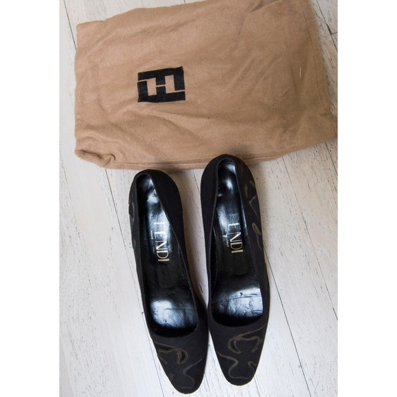 Black Silk and Suede - Gold Accent Kitten Heels - Picture 7 of 7